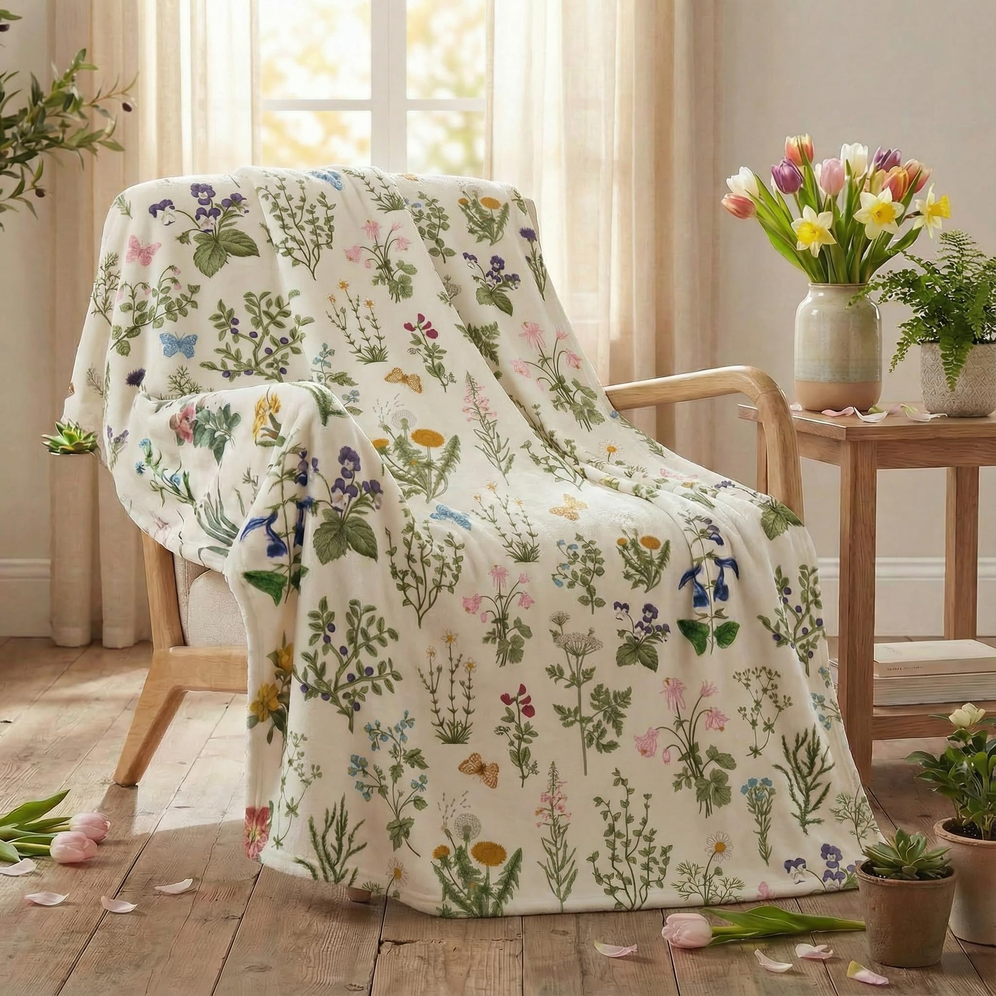 Horaldaily Spring Summer Flannel Blanket Throw, Green Plants Wild Flowers Soft Fuzzy Plush Cozy F... | Amazon (US)