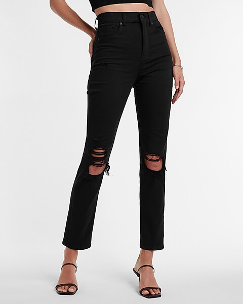 Super High Waisted Black Ripped Slim Jeans | Express