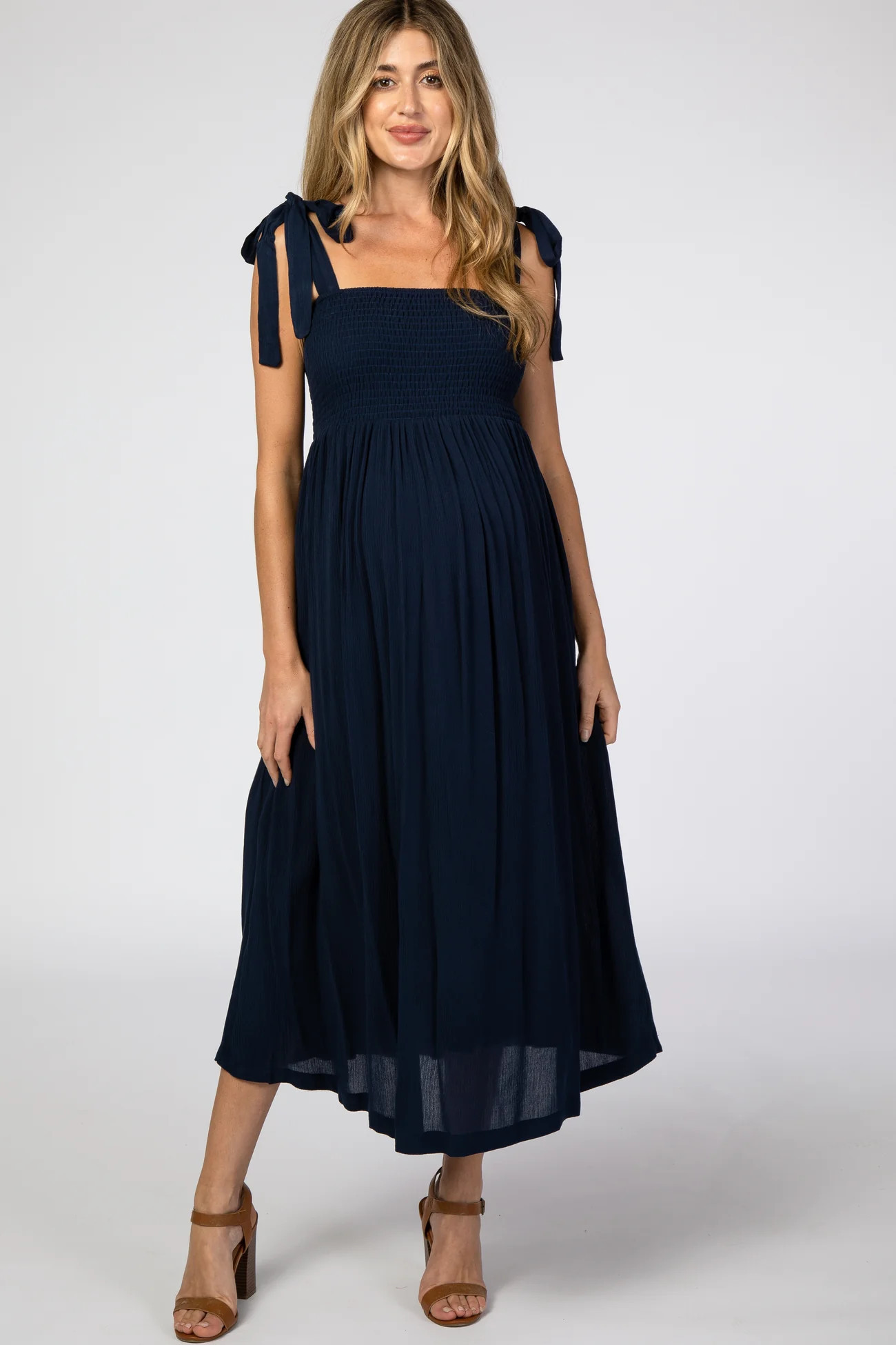 Navy Blue Smocked Tie Strap Maternity Midi Dress | PinkBlush Maternity