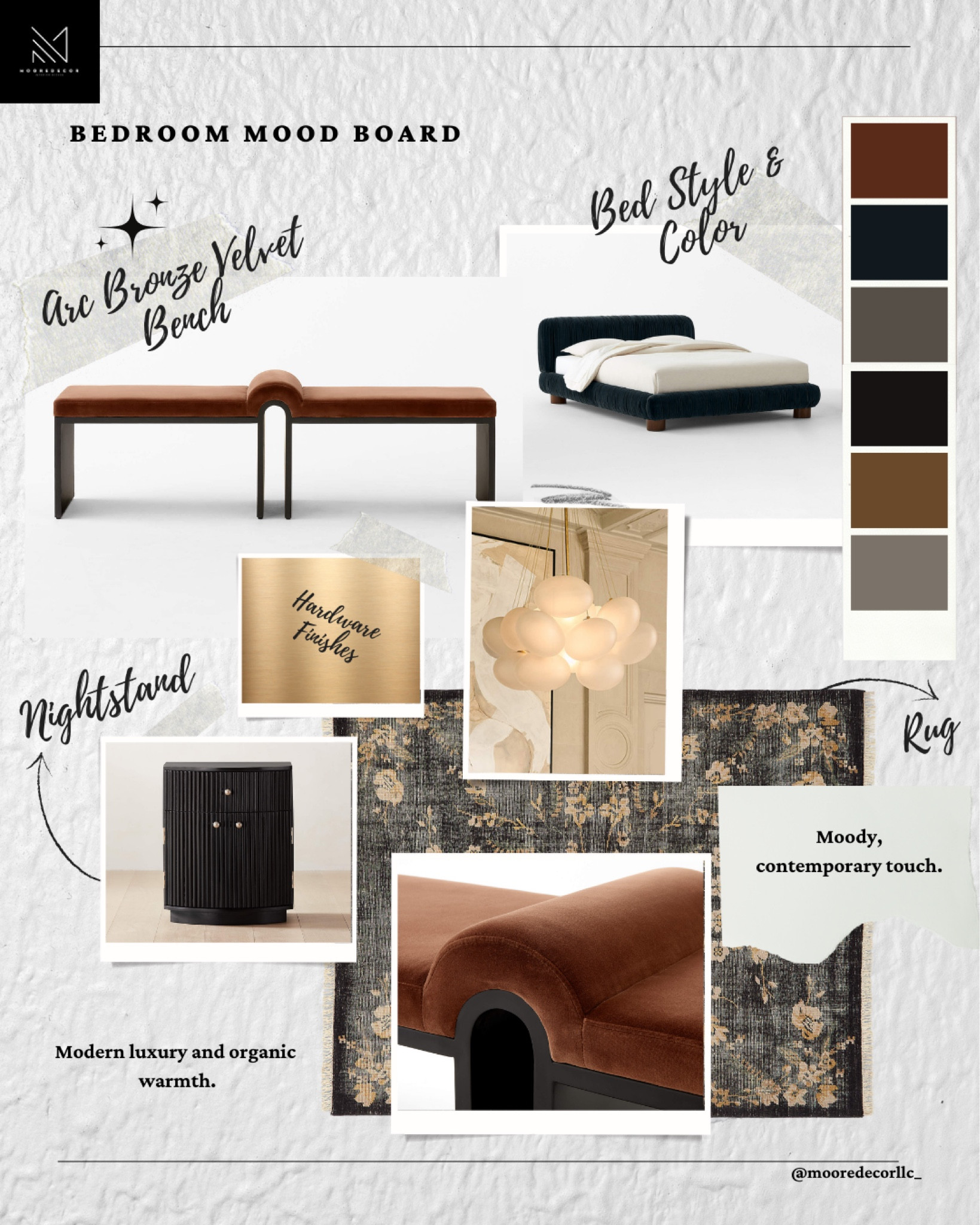 Warm neutrals, rich textures, and sculptural elegance—this bedroom mood board is all about refined modern luxury. 🖤✨

The Arc Bronze Velvet Bench is the perfect statement piece, bringing depth and warmth to a space. Paired with a plush upholstered bed, dark wood nightstands, and brass accents, this look blends organic textures with bold sophistication.

✨Design Tip:
✔️ Stick to a neutral palette with deep contrast for a balanced, moody feel.
✔️ Mix velvet, wood, and brass for a layered, high-end look.
✔️ Keep decor sculptural and minimal for a polished finish.

Would you style your bedroom like this?

#MooreDecor #MoodBoard #BedroomDesign #LuxuryInteriors #ModernOrganic #HomeStyling #DesignInspo #CB2

#LTKStyleTip #LTKHome