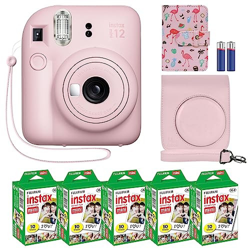 Fujifilm Instax Mini 12 Instant Camera + MiniMate Accessory Bundle & Compatible Custom Case + Fuji Instax Film Value Pack (50 Sheets) Flamingo Designer Photo Album (Blossom Pink) | Amazon (US)