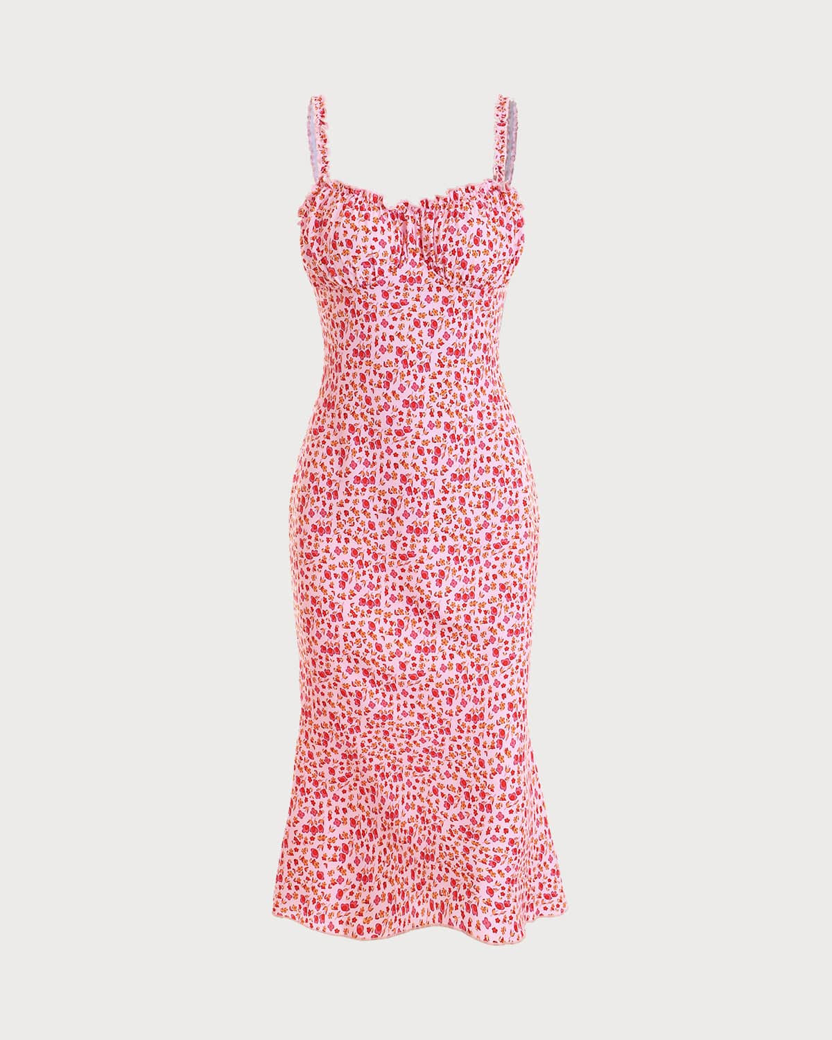 The Frill Trim Ruched Midi Dress - Floral Prin Bodycon Cami Maxi Dress - Pink - Dresses | RIHOAS | rihoas.com