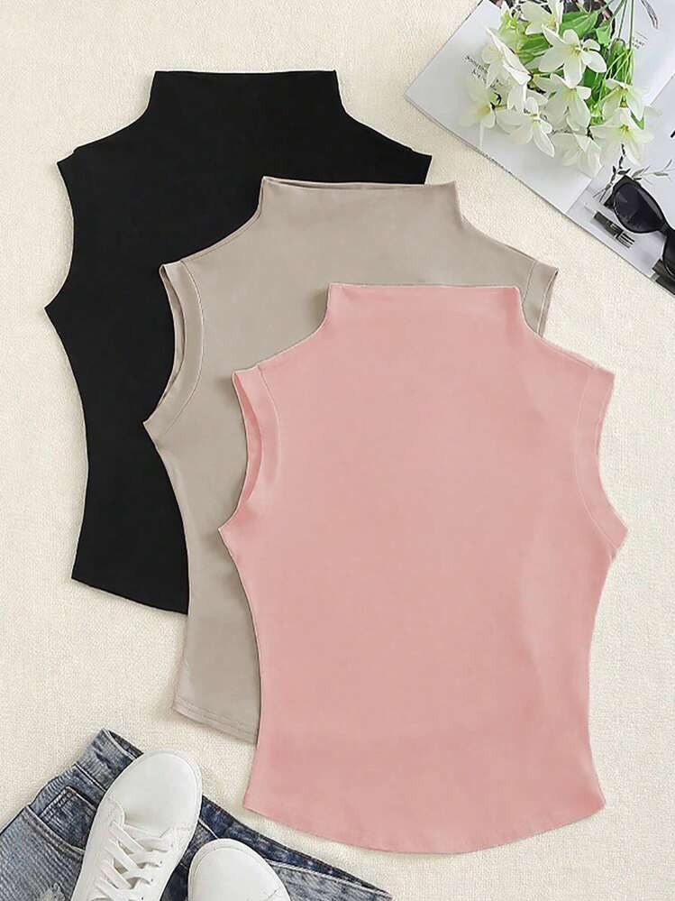Sweetra 3pcs Solid Mock Neck Basic Tank Top For Summer | SHEIN