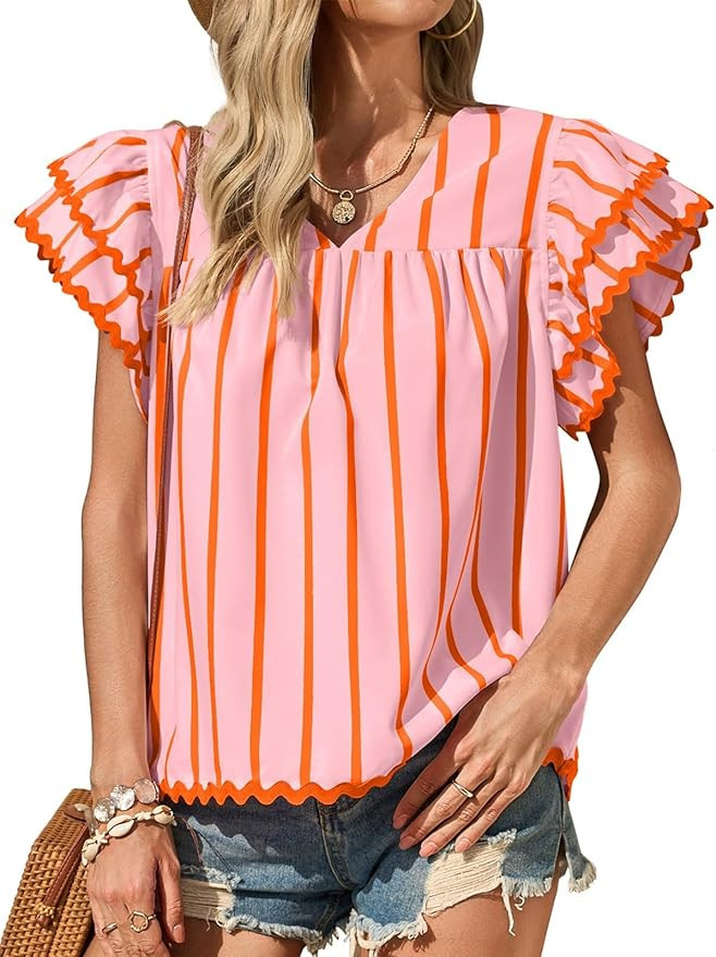 Tankaneo Womens Ruffle Short Sleeve Blouse V Neck Striped Pleated Trim Shirts Summer Casual Loose... | Amazon (US)