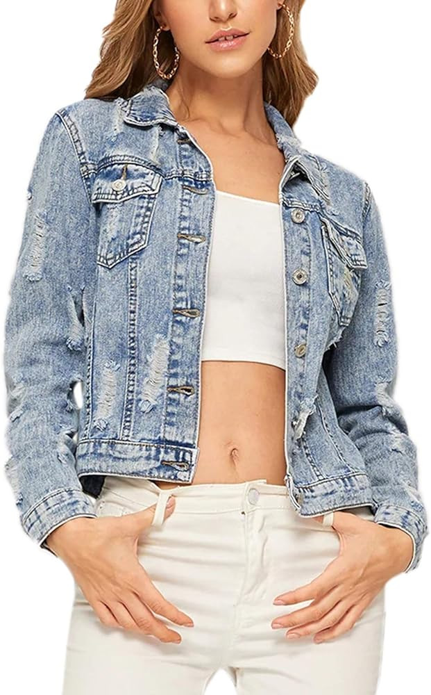 Romwe Women's Casual Long Sleeve Pockets Washed Distressed Denim Jean Jacket | Amazon (US)