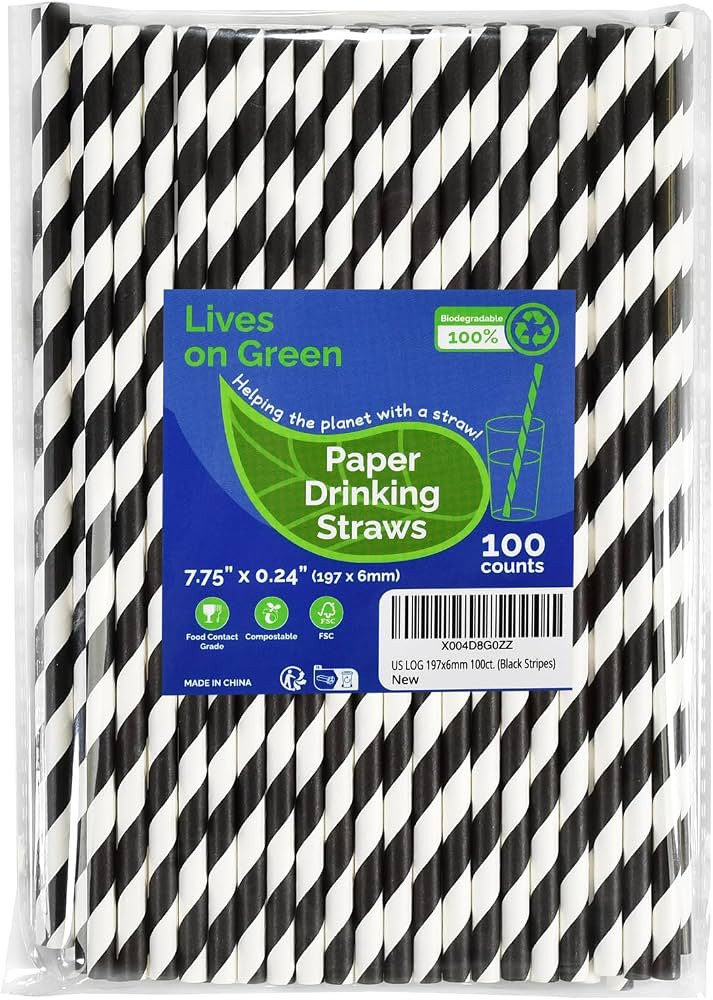 Black White Striped Biodegradable Paper Drinking Straws Unwrapped 7.75 inch 100 Counts - for Cock... | Amazon (US)