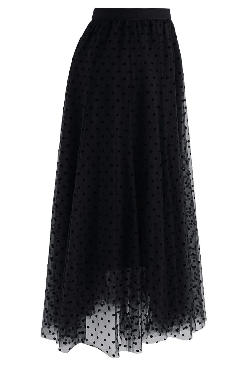 Full Polka Dots Double-Layered Mesh Tulle Skirt in Black | Chicwish