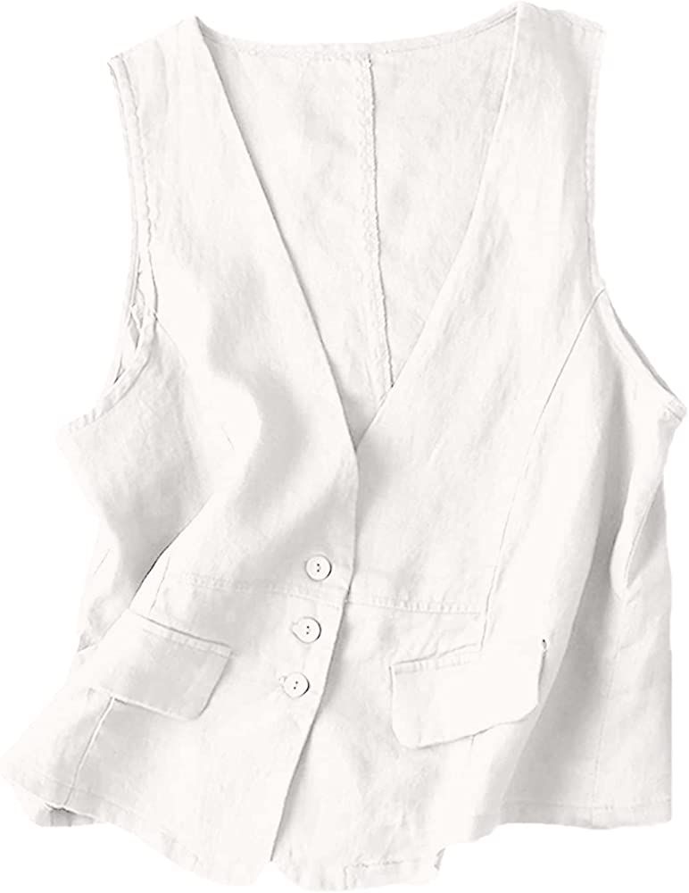 UATKIMI Womens Cotton Linen Vest Casual Loose V Neck Sleeveless Vests Jacket(White,L) | Amazon (US)