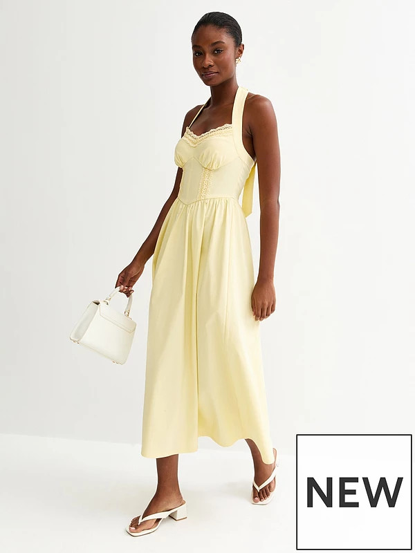 New Look Embroidered Halter Midi Dress - Light Yellow | Very (UK)