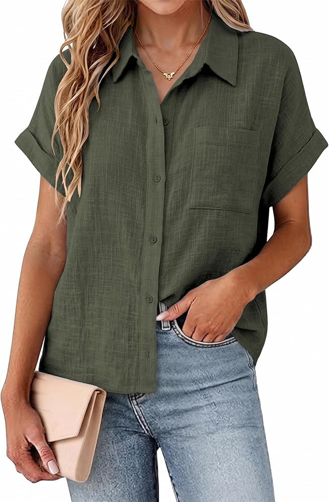 SEMARO Womens Cotton Button Down Shirts Casual Short Sleeve Solid Summer Blouses Tops with Pocket | Amazon (US)