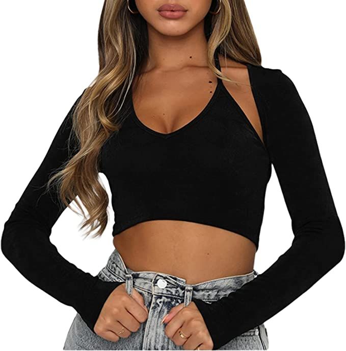 Remidoo Women's Sexy 2 in 1 Cut Out Halter Long Sleeve Crop Top T Shirt | Amazon (US)
