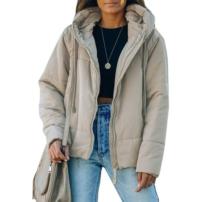 Dokotoo Women's Casual Jacket Coat Full Zipper Hooded Puffer Jacket Warm Soft Drawstring Winter O... | Walmart (US)