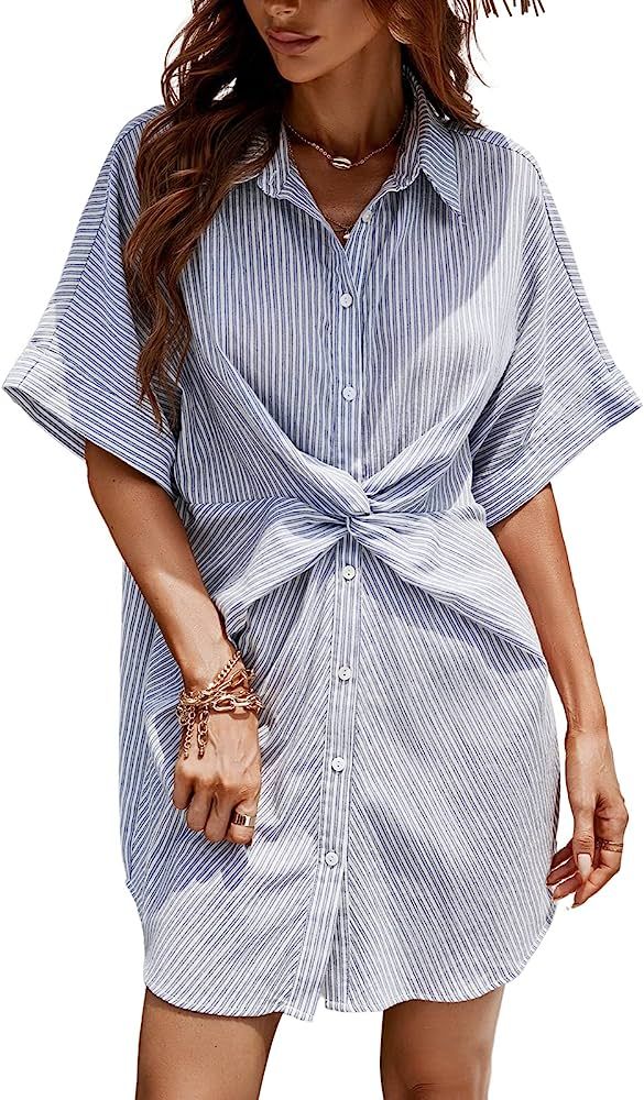 CUPSHE Shirt Dress for Women Button Down Stripe Short Sleeves Short Underneath Casual | Amazon (US)