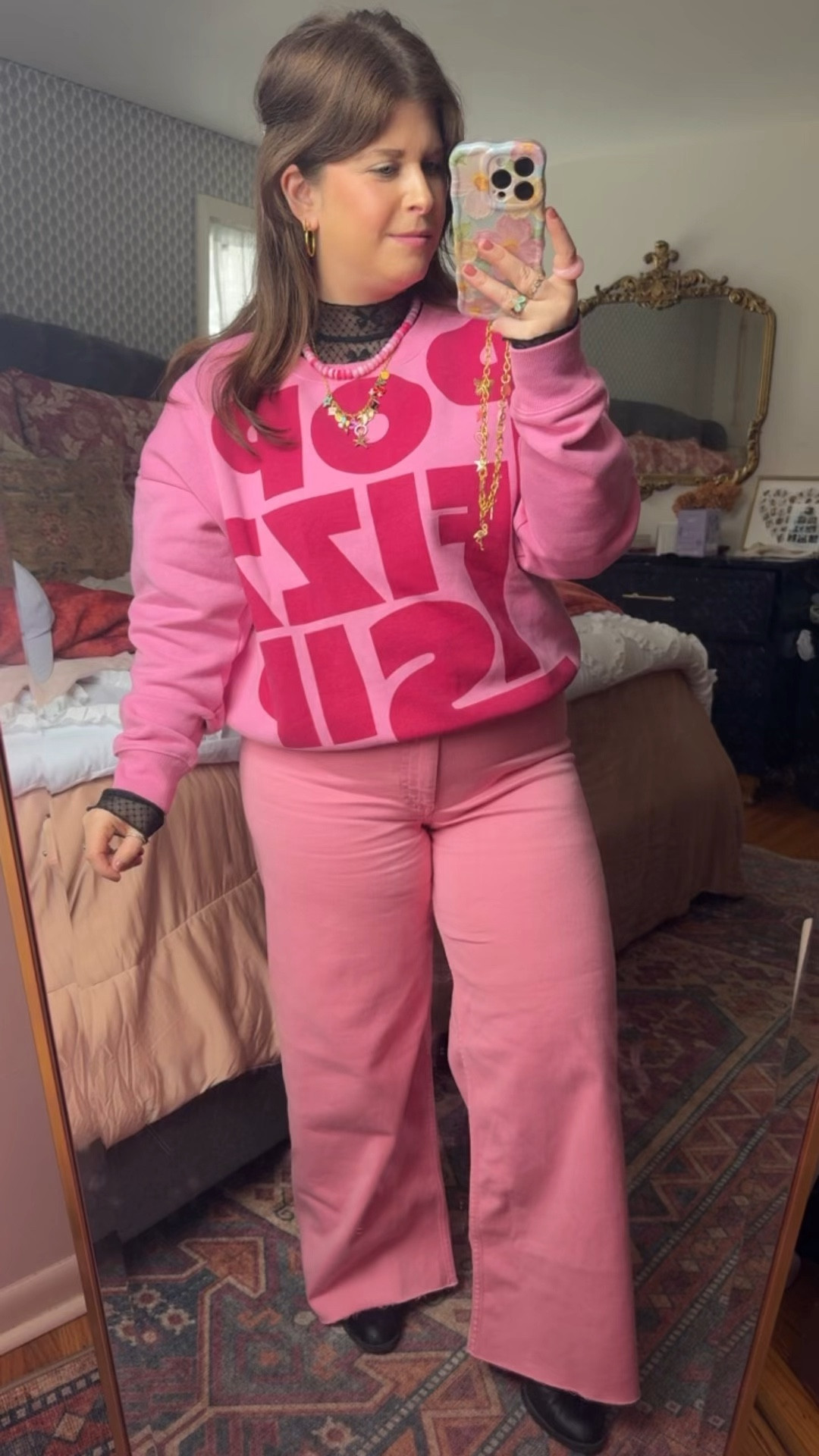 This all pink outfit from Anthropologie is so cute! The wide leg jeans are perfect—size up, they run small. The lace bow top is adorable. The sweatshirt is a total win!!!



#LTKParties #LTKStyleTip #LTKFindsUnder100