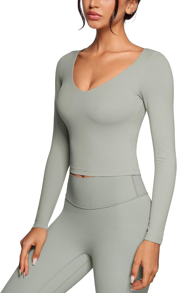Womens V-Neck Long Sleeve Workout Crop Tops Slim Fit Padded Athletic Shirts Casual Yoga Gym Tops | Amazon (US)