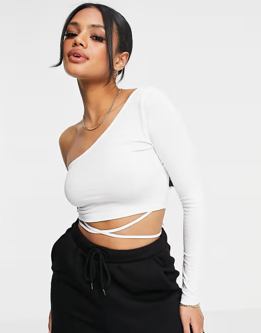 ASOS DESIGN one shoulder long sleeve top with multi ties in white | ASOS (Global)