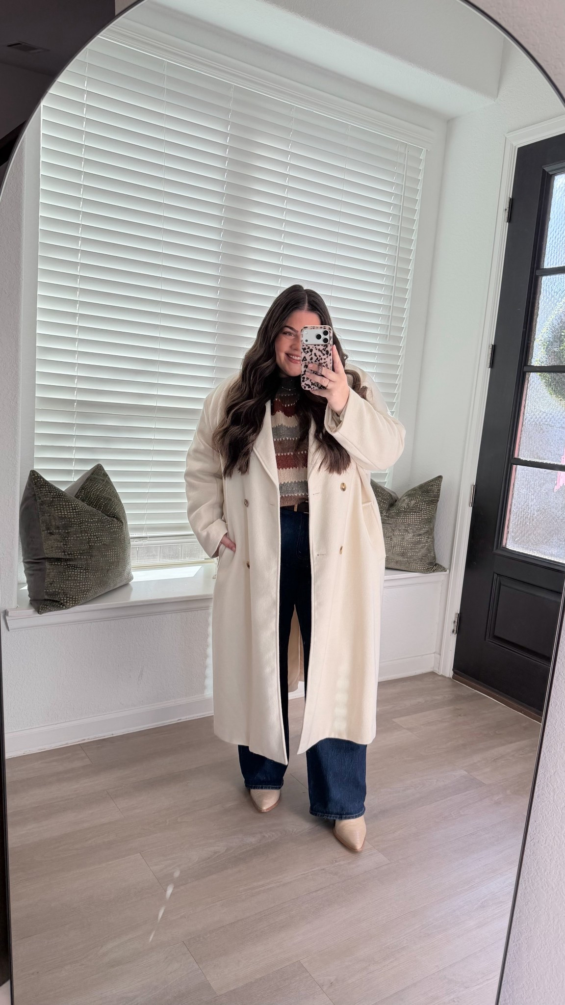Sunday outfit. Sunday OOTD. Church OOTD. Winter outfit. Winter coat. Winter white. Winter whites. Long white coat. Cream coat. Jeans. Belt. Western belt. Western booties.

#LTKSeasonal #LTKootd #LTKgrwm