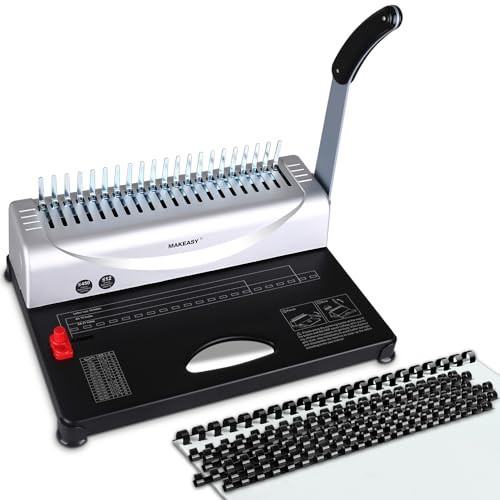 MAKEASY Comb Binding Machine - Punch 12 Sheet, Easy Punch No Jam, Heavy-Duty Metal Build, Book Binder for Office Reports & Home School Projects, Includes 100 Combs, Letter/A4/A5 Compatible | Amazon (US)