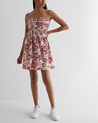 Printed Square Neck Ruched Mini Babydoll Dress | Express