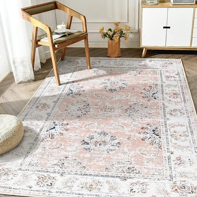 jinchan Area Rug 6x9 Persian Rug Washable Boho Living Room Rug Pink Floral Print Large Rug Indoor... | Amazon (US)