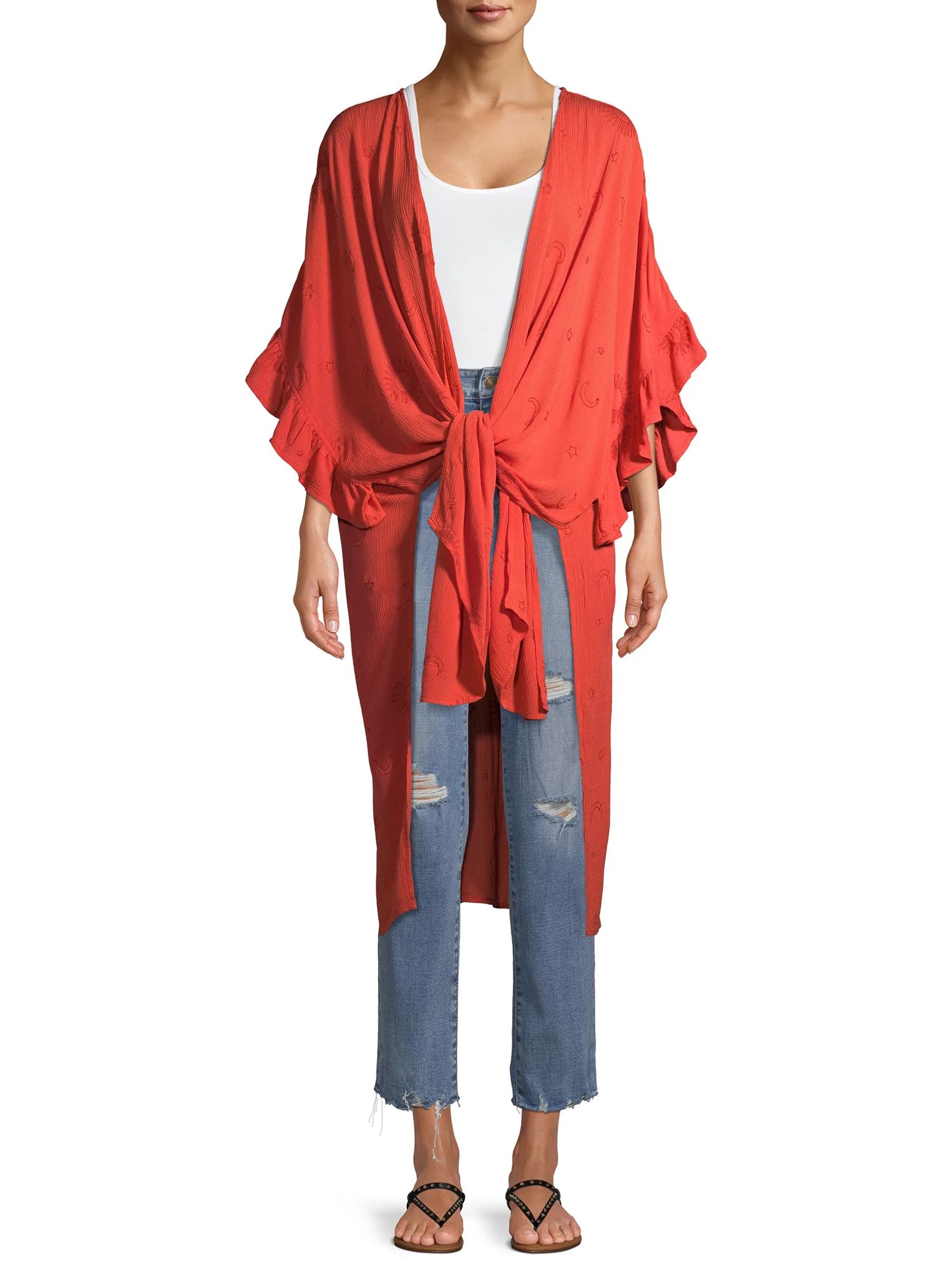 No Boundaries Women's Embroidered Tie Front Ruffle Kimono | Walmart (US)
