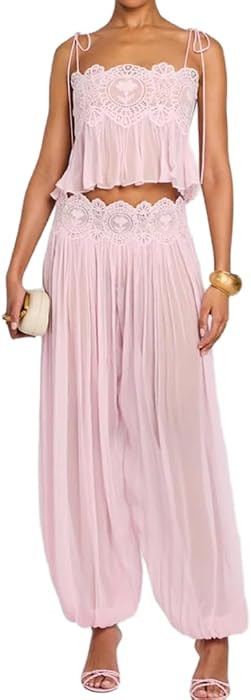 Sexy Lace Mesh See Through Bohemian Two Piece Spaghetti Strap Pleated Crop Top Harem Pants Summer... | Amazon (US)