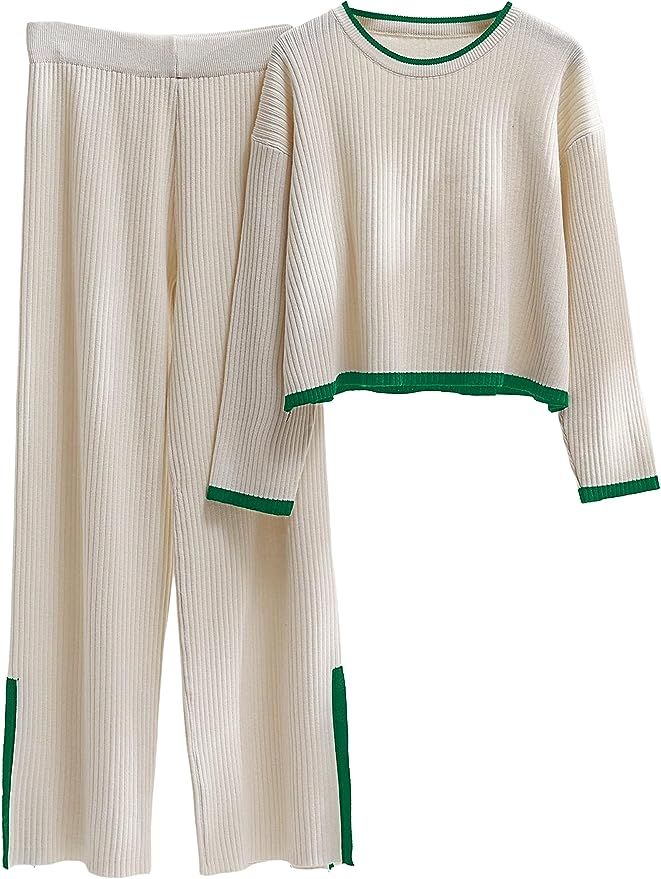 Bianstore Womens Knit 2 Piece Sweater Sets Long Sleeve Pullover Tops Elastic Waist Wide Leg Pants... | Amazon (US)