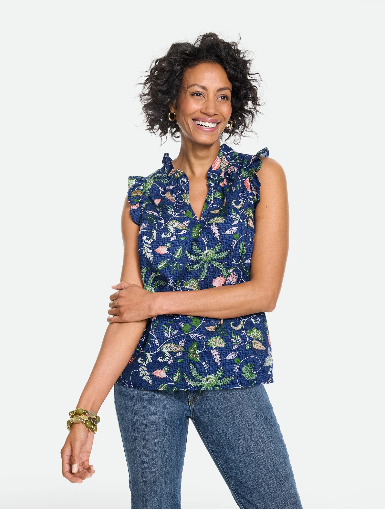 Plus Size - Voile Ruffle Shell Sweater - Fresh Poppy - Indigo - 3X - 100% Cotton Talbots | Talbots