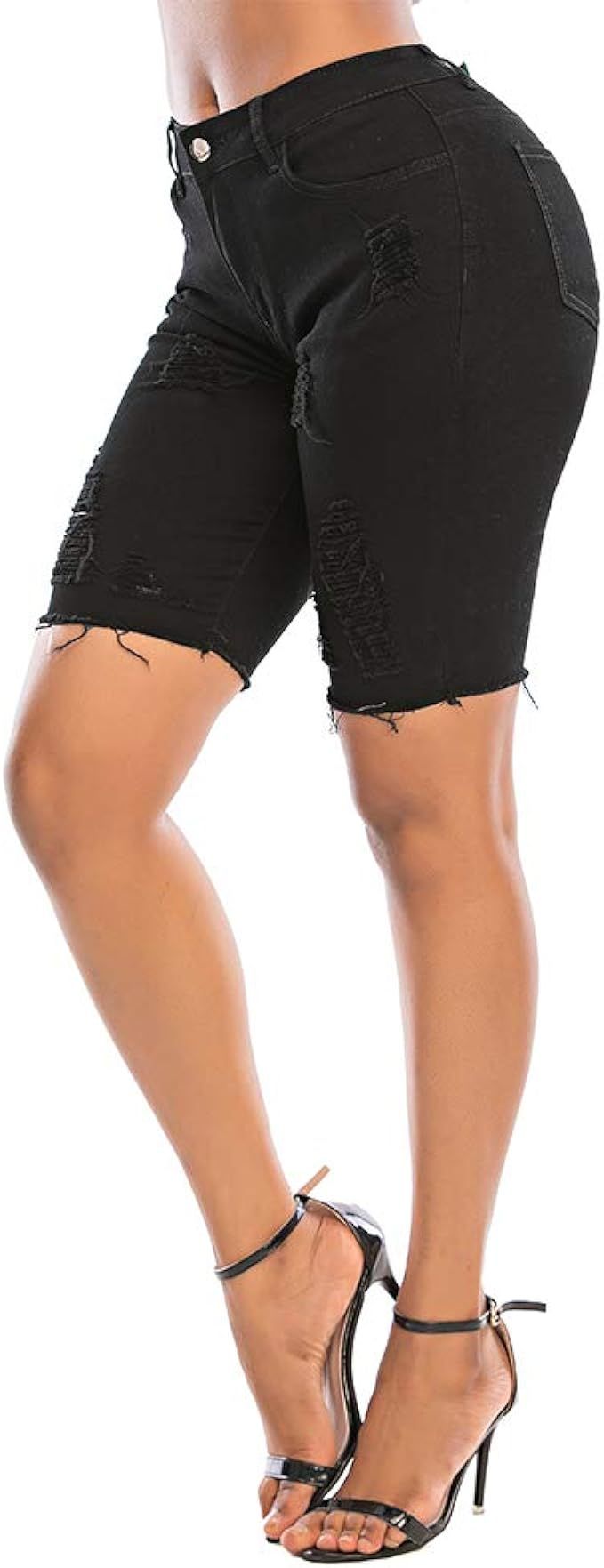 THUNDER STAR Womens Denim Bermuda Shorts,Mid Rise Short Jeans,Frayed Raw Hem | Amazon (US)