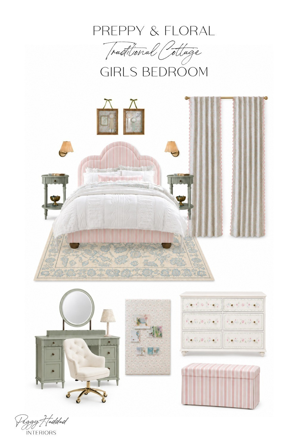 A closer look at this little girl’s bedroom 💕 Preppy stripes, sweet florals, and traditional cottage details come together for a space that feels playful, layered, and timeless. 

Shop the pieces from the room below! 

Designer// @peggyhaddadinteriors 

 #GirlsBedroom #CottageStyle #TraditionalInteriors #interiordesign #peggyhaddadinteriors #LTKHome