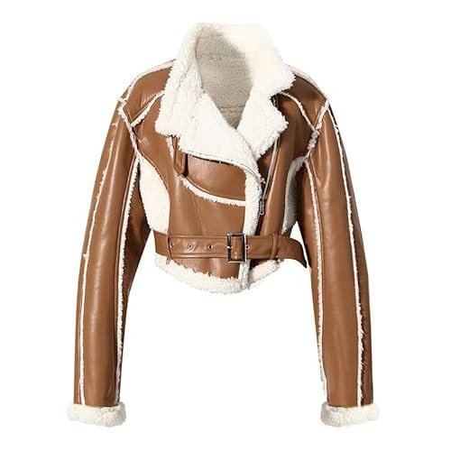 Rose rosee Women Faux Lamb Fur Suede Leather Jacket Motorcycle Biker Sherpa-Lined short Cropped Coat Zipper Bomber jacket (US, Alpha, Medium, Regular, Regular, Brown) | Amazon (US)