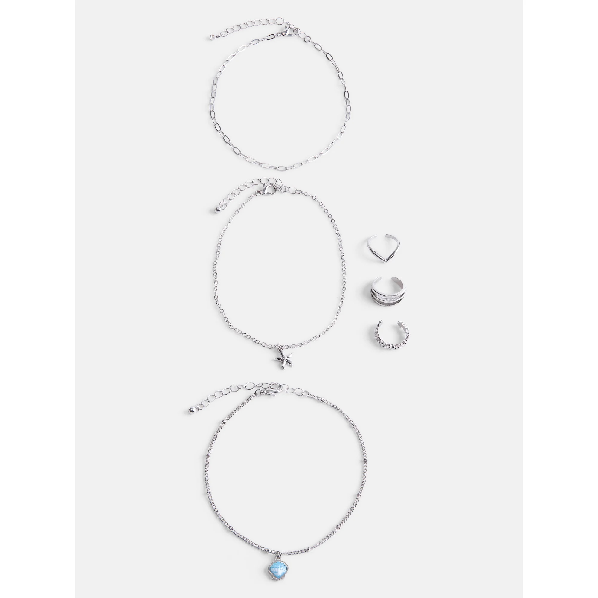 No Boundaries Silver Tone Shell and Starfish Anklets and Toe Rings Set, 6 Piece - Walmart.com | Walmart (US)