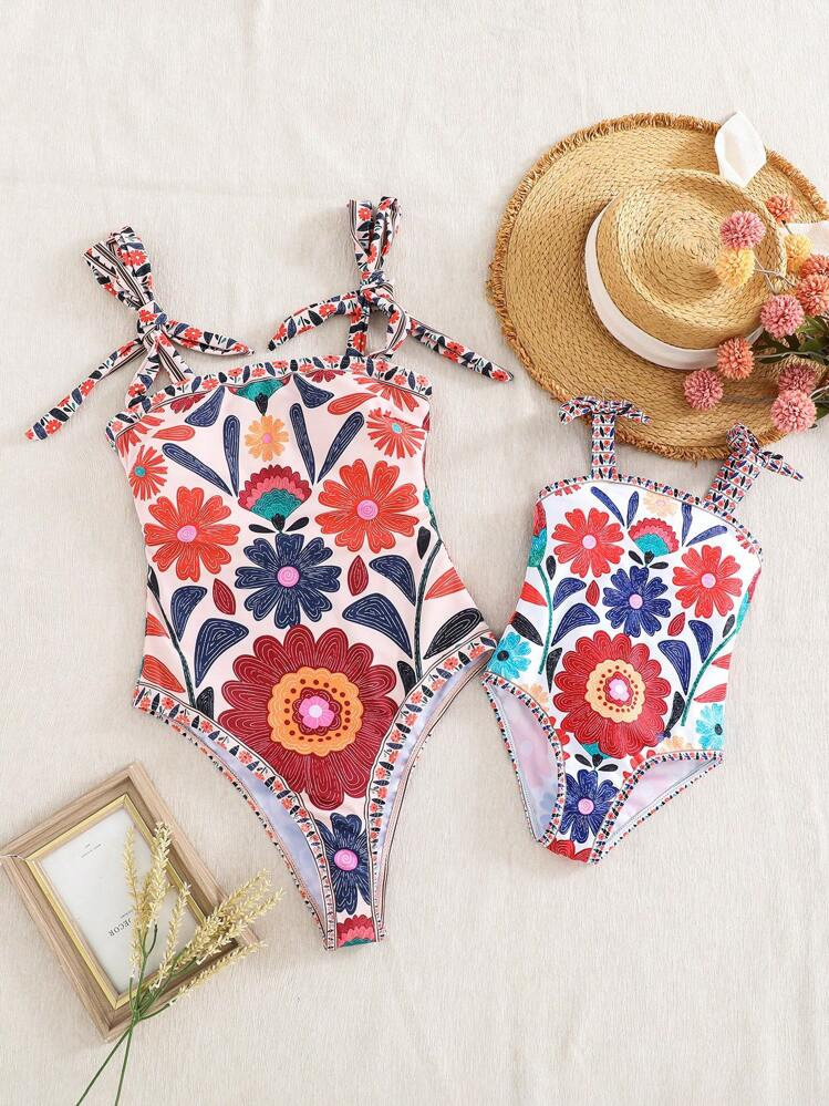 SHEIN LMoss Kids Young Girl Tropical Beach Ditsy Floral Print Bow Decor One-Piece Swimsuit For Summer Beach Vacation,Mom And Daughter & Sisters Matching Style Matching ,Matching Family Vacation , Holidays | SHEIN