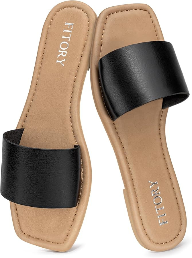 FITORY Women's Slide Sandals Fashion Square Open Toe with Cushioned Footbed Slippers for Beach Si... | Amazon (US)