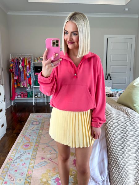 Brushed softstreme half zip (size: 6) / yellow tennis skirt (size: XS) / strawberry lemonade colors / pale yellow skirt / color block outfit 

#LTKFindsUnder50 #LTKActive #LTKU