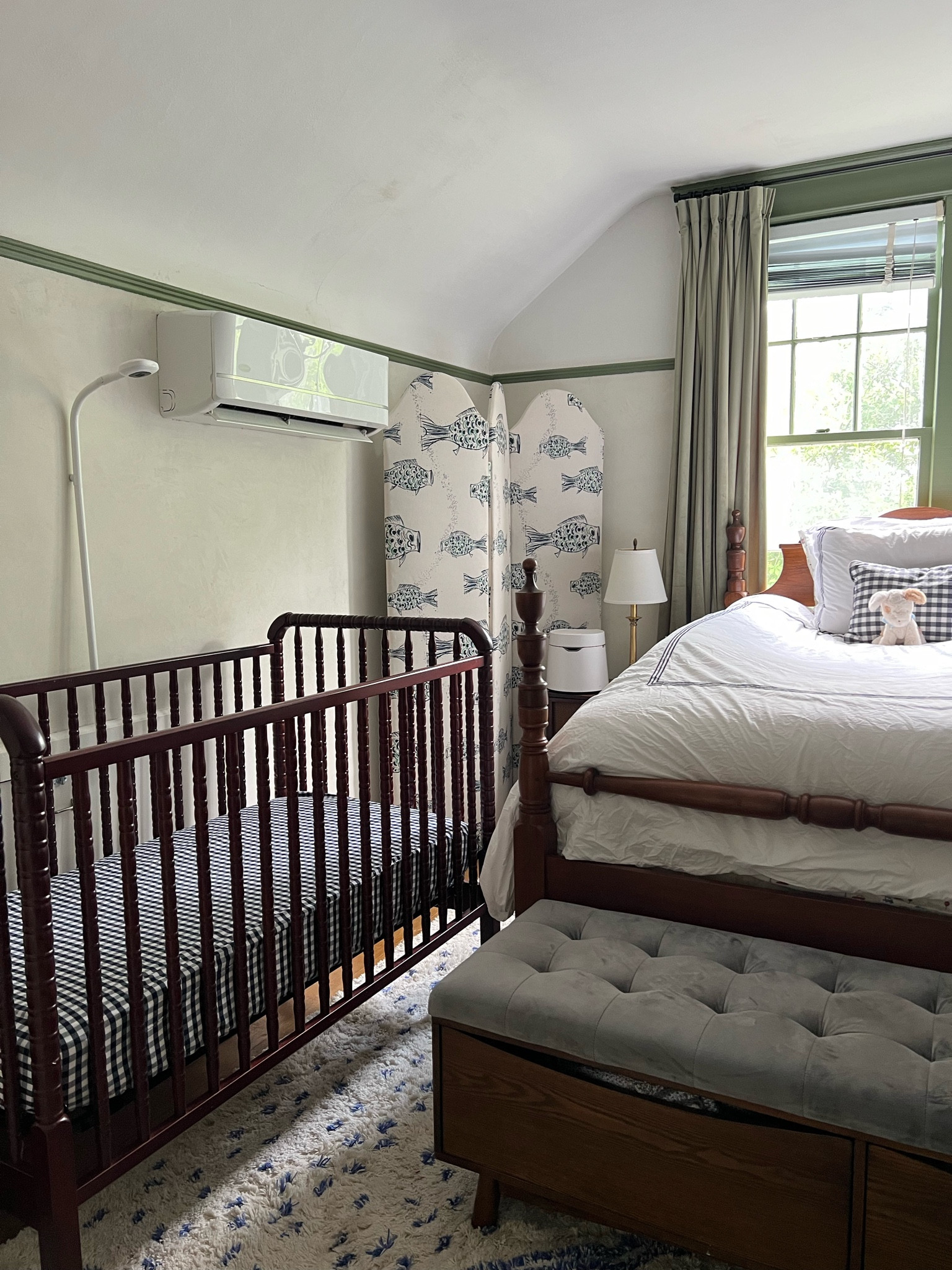 Cohens room 🤍 new crib sheet 

boys room. boy nursery. gingham sheets. brown crib. wooden crib. fish nursery. green trim. baby boy nursery. old home  

#LTKHome #LTKBaby #LTKKids