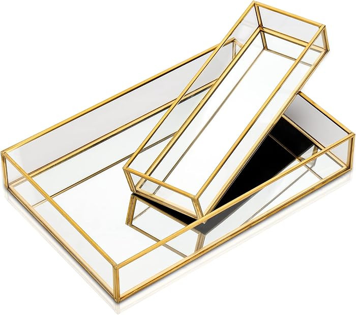 Lyellfe 2 Pack Perfume Trays, Gold Vanity Tray, Decorative Gold Mirror Tray, Non Slip Rectangular... | Amazon (US)