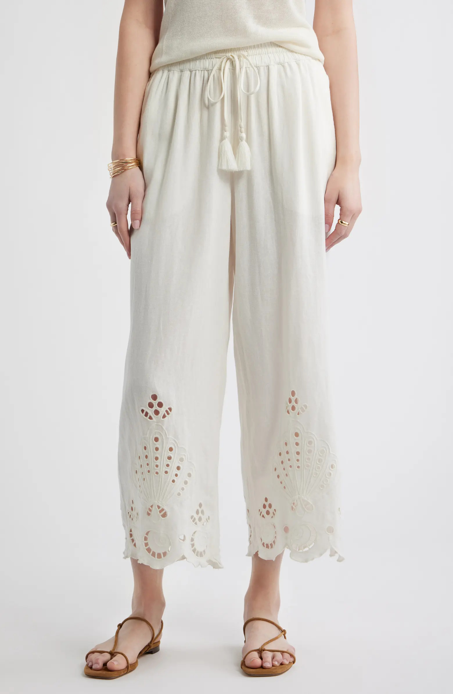 Treasure & Bond Cutwork Hem Linen Blend Pull-On Pants | Nordstrom | Nordstrom