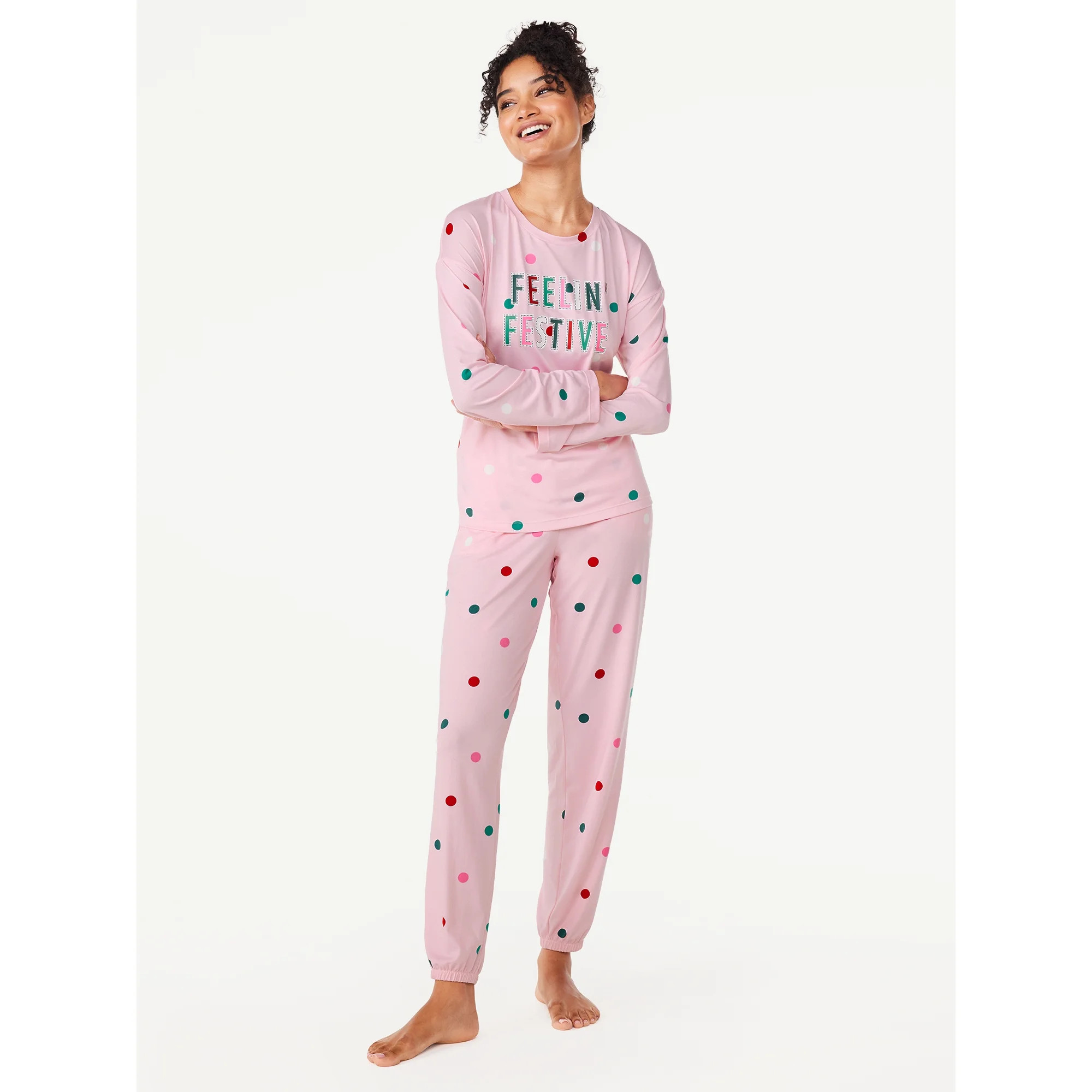 Joyspun Women’s Long Sleeve Tee and Joggers, 2-Piece Pajama Set, Sizes S-3X | Walmart (US)