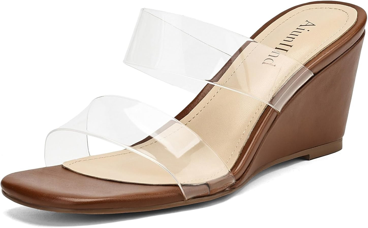 Wedge Sandals for Women Square Open Toe Wedge Heels Clear Two Strap Slip on Sandals Glitter Heels... | Amazon (US)