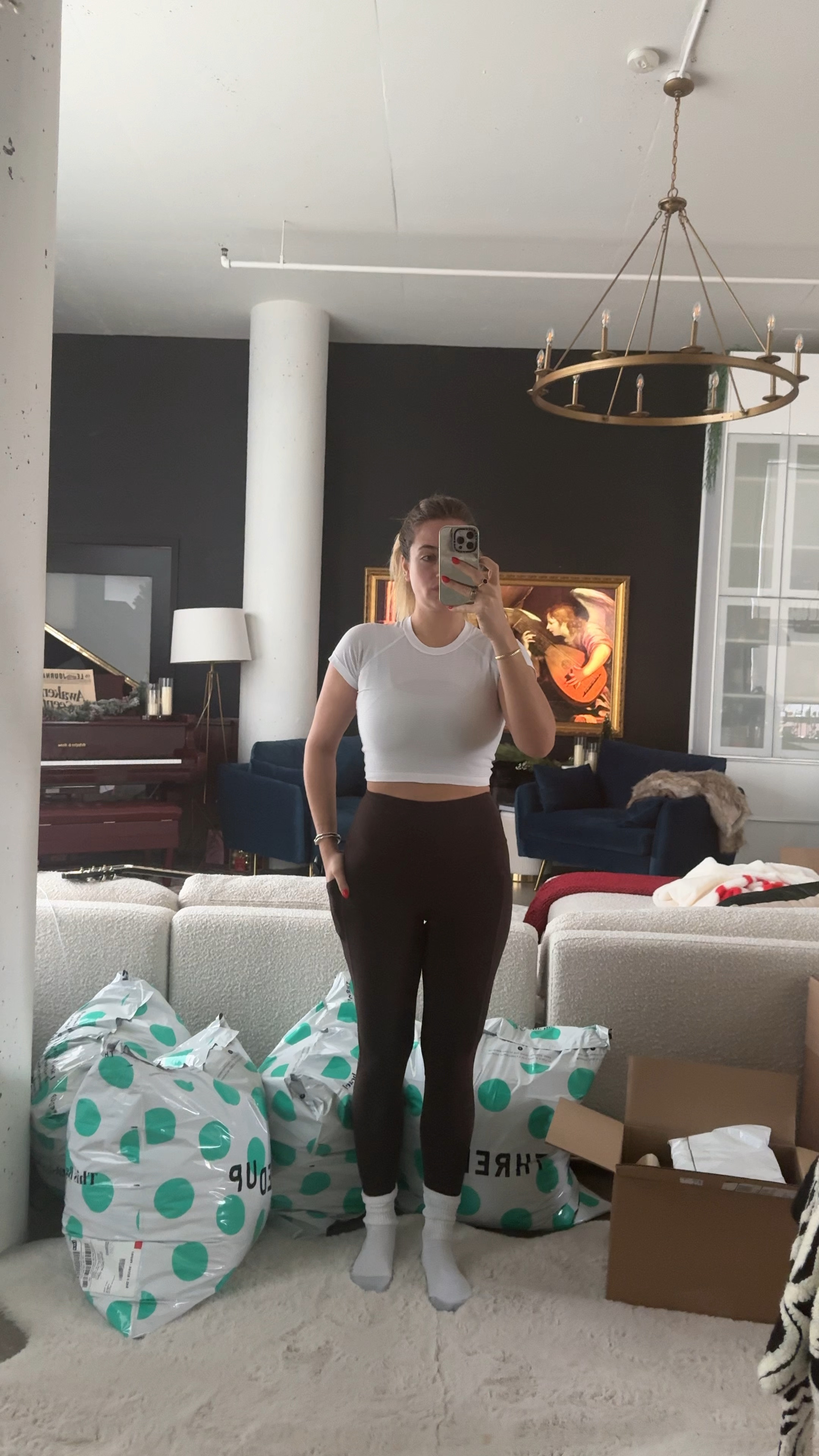 I’m wearing a size 6 in leggings and crop top, size medium in sports bra and size small in jacket! 