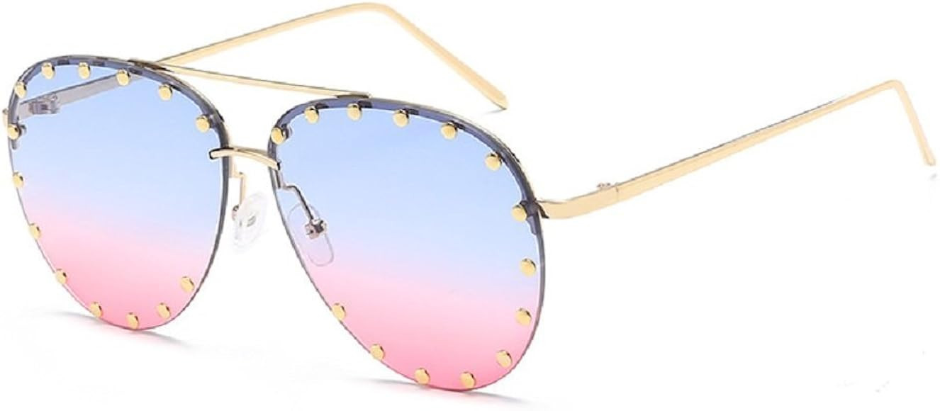 SJR-A05 Rimless Half Frame Stud Embellished Aviator Sunglasses (blue pink) | Amazon (US)