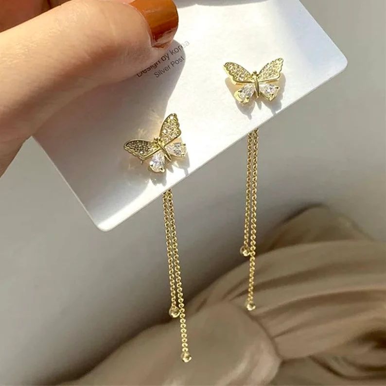 925 Sterling Silver Post Gold Butterfly Dangle Drop Earrings | Etsy UK | Etsy (UK)