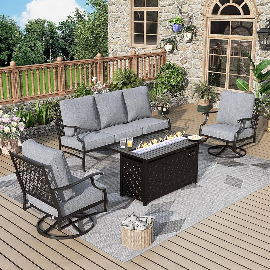 Patio Furniture Set with Firepit Table, 4 Pcs Metal Outdoor Conversation Set, 2 Swivel Chairs and... | Amazon (US)