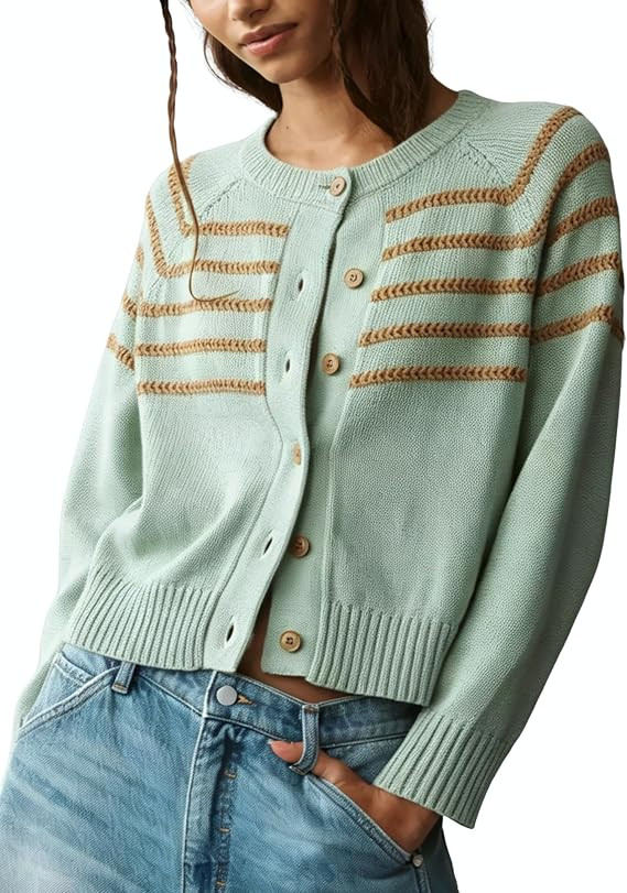 QIBABU Womens Striped Cardigan Sweater Casual Long Sleeve Knit Outwear | Amazon (US)