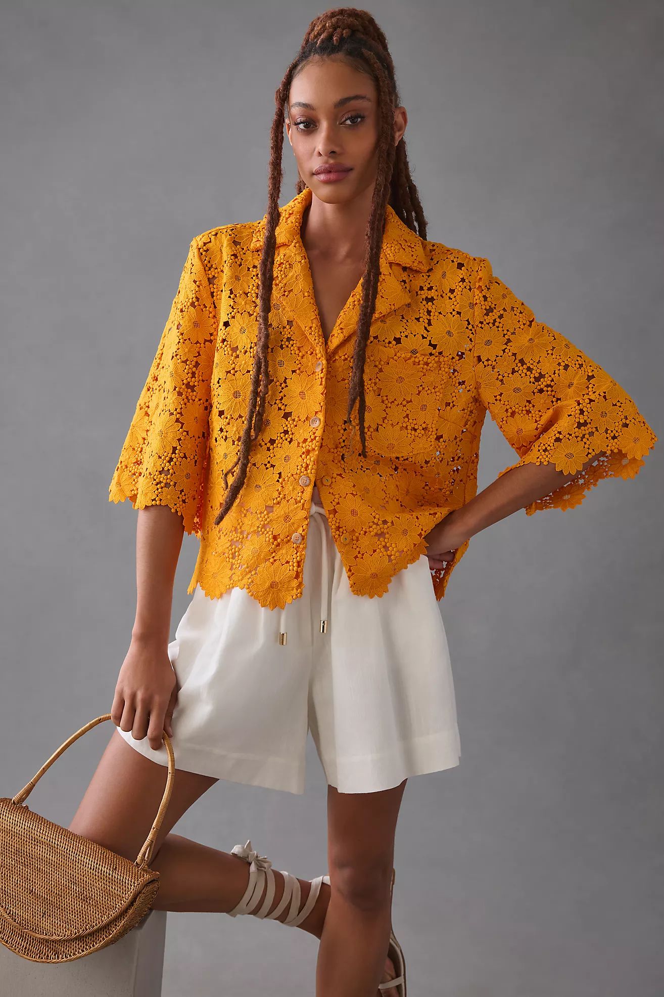 Maeve Lace Half-Sleeve Buttondown Shirt | Anthropologie (US)