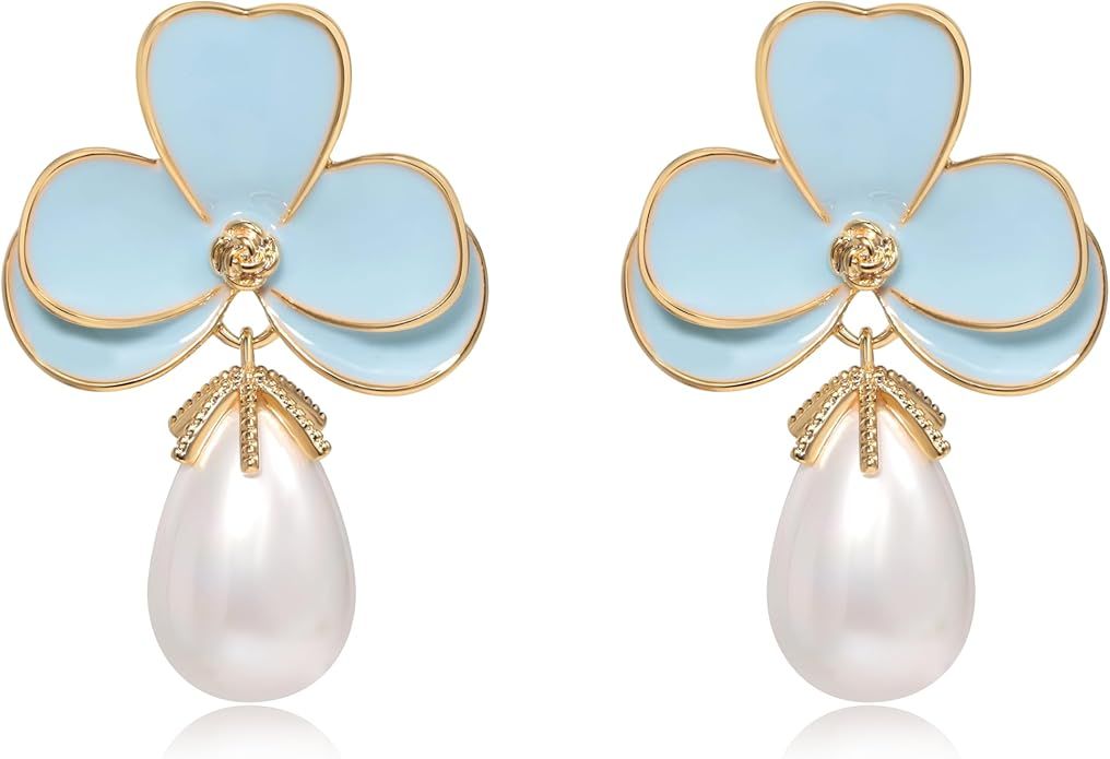 Large Flower Teardrop Pearl Enamel 14K Gold Plated Dangle Earrings for Women Big Floral CZ drop B... | Amazon (US)
