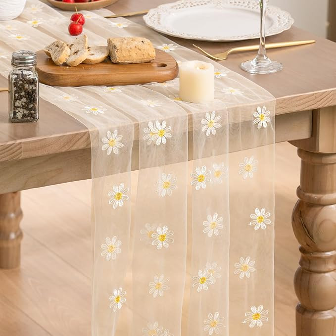 Artoid Mode Apricot Embroidery Daisy Flowers Spring Gauze Table Runner 70x300 cm, Tulle Sheer Din... | Amazon (UK)