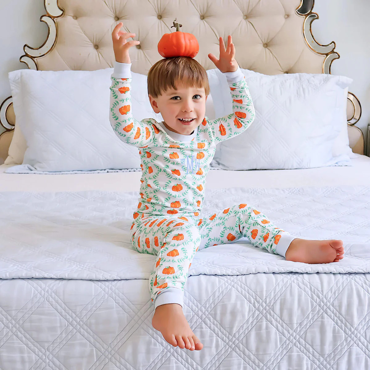 Pumpkin Print Blue Rib Pajamas | Classic Whimsy