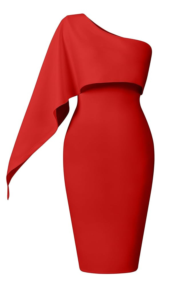 Memoriesea Women's Elegant One Shoulder Ruffle Bodycon Cocktail Party Midi Dress | Amazon (US)